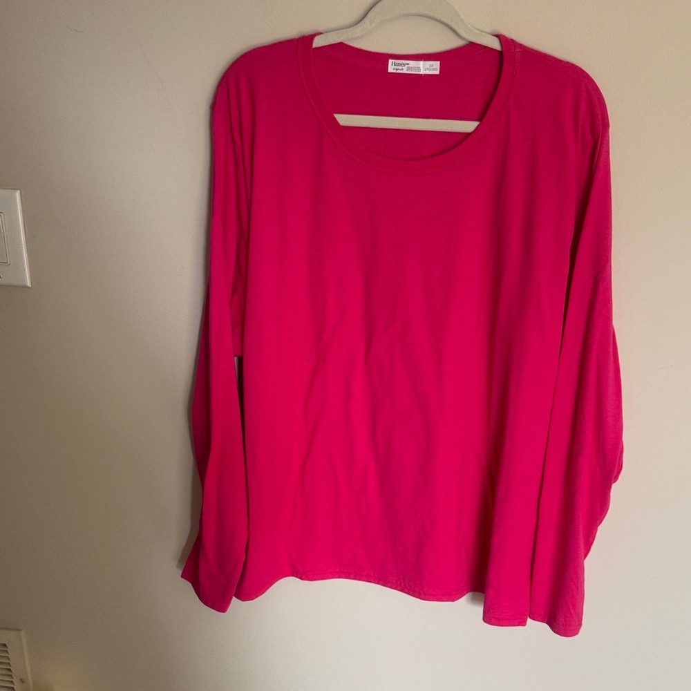 Hanes Women Long Sleeve Scoop Neck Tee - Fuchsia Pink